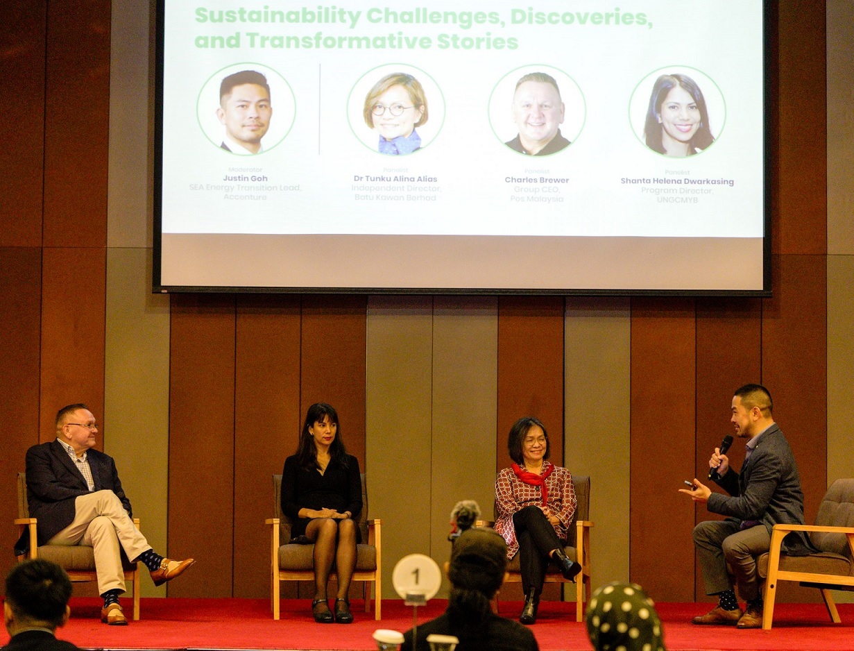 Talking sustainability - the challenges and rewards. From left, Justin Goh from Accenture, Shanta Helena Dwarkasing from UN Global Compact, Dr Tunku Alina Alias from Bati Kawan Bhd, and Charles Brewer.
