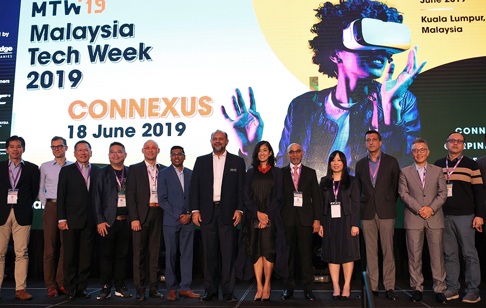 Minister of Multimedia and Communications Malaysia Gobind Singh Deo (7th from left) with MDEC CEO Surina Shukri (8th from left) and the MTW19 partners and sponsors