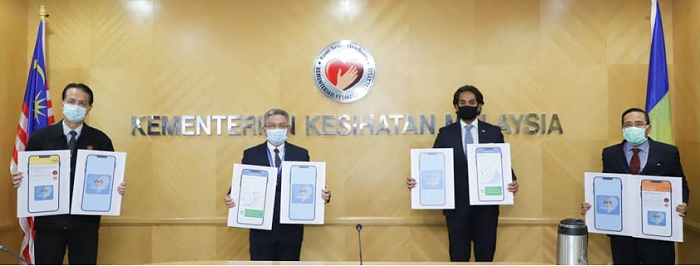MySejahtera was introduced in April 2020 to the Malaysian public. The Minister of Health then was Adham Baba, second from left. Khairy Jamaluddin (3rd from left) the current Minister of Health, was the Science, Technology and Innovation Minster then.  
