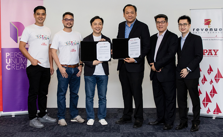 (From left) PUC eMoney head Jason Tong; PUC group chief strategy officer Kelvin Cheong; PUC group MD & CEO Cheong Chia Chou; REVENUE Group MD & group CEO Eddie Ng Chee Siong; Revenue Harvest CEO Loo Tak Kheong; and Revenue Harvest corporate relationship manager Chok Kennon Alexander